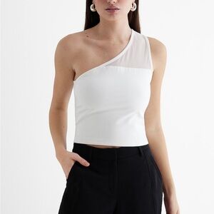 NWT EXPRESS body contour stretch cotton one shoulder mesh cropped tank - white M